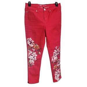 DG2 Diane Gilman Crop Jeans Womens Sz 4P Red Classic Stretch Floral Paint Flower